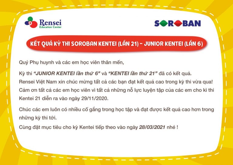 ⚠⚠ KẾT QUẢ KỲ THI SOROBAN KENTEI (LẦN 21) VÀ JUNIOR KENTEI (LẦN 6) ?