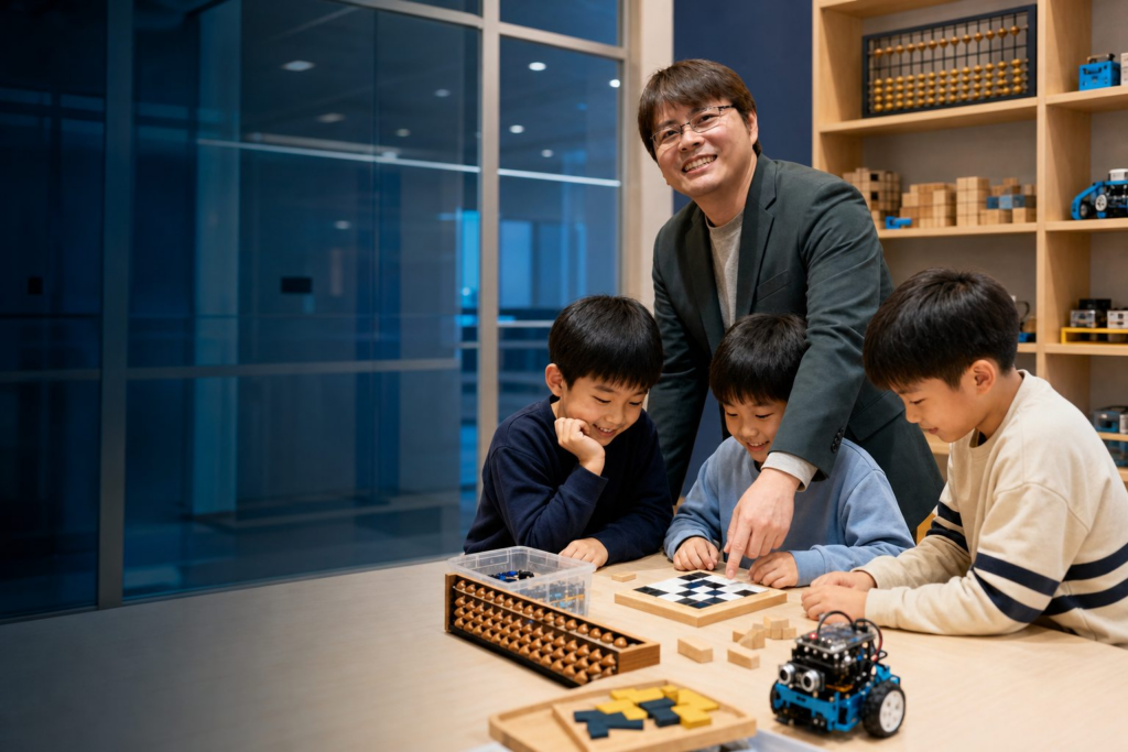 Thầy giáo Rensei hướng dẫn học sinh tiểu học học Toán tư duy và Robotics